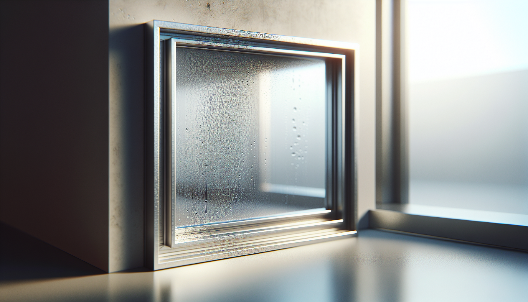 Aluminum window with visible condensation and surface corrosion