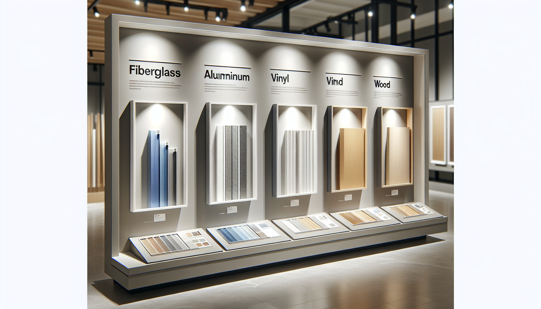 Showcase of different window materials: fiberglass, aluminum, vinyl, wood
